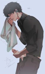 Rule 34 | 1boy, black hair, black pants, black shirt, blush, closed eyes, cum, dan heng (honkai: star rail), danheki syu, ejaculation, erection, from side, grey background, highres, holding, holding unworn clothes, honkai: star rail, honkai (series), implied yaoi, long sleeves, male focus, male masturbation, male pubic hair, masturbation, open pants, pants, parted lips, penis, projectile cum, pubic hair, shirt, short hair, simple background, smelling, smelling clothes