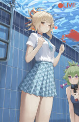 Rule 34 | 2girls, absurdres, action camera, alternate costume, blonde hair, blue necktie, blush, breasts, camera, choker, commission, dolri, genshin impact, green hair, hair up, heart, highres, holding, holding breath, holding camera, kuki shinobu, looking at viewer, medium breasts, multiple girls, necktie, one eye closed, orange eyes, pixiv commission, plaid clothes, plaid necktie, plaid skirt, purple eyes, red choker, school swimsuit, school uniform, shirt, skirt, swimsuit, underwater, video camera, white shirt, yoimiya (genshin impact)