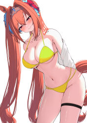 1girl absurdres animal_ears arms_behind_back bikini breasts closed_mouth commentary_request daiwa_scarlet_(umamusume) highres horse_ears horse_girl horse_tail large_breasts long_hair looking_at_viewer navel red_eyes red_hair simple_background solo swimsuit tail take978733141 thigh_strap tiara twintails umamusume very_long_hair white_background yellow_bikini