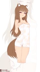 1girl absurdres animal_ear_fluff animal_ears blush breasts brown_hair closed_mouth commentary cropped_legs english_commentary gluteal_fold half-closed_eyes hand_on_own_chest highres holo large_breasts likunea long_hair looking_at_viewer naked_towel patreon_username red_eyes skindentation smile spice_and_wolf tail thigh_gap towel twitter_username twitter_x_logo very_long_hair wet_towel wolf_ears wolf_girl wolf_tail zoom_layer
