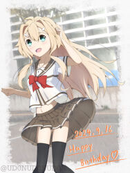 Rule 34 | absurdres, aqua eyes, black thighhighs, blonde hair, bow, bowtie, brown skirt, highres, iyojima anzu, long hair, navel, nogi wakaba wa yuusha de aru, open mouth, red bow, red bowtie, sailor collar, sanshuu middle school uniform, school, school uniform, serafuku, skirt, smile, thighhighs, user vvdg5827, yuusha de aru