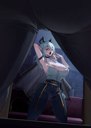 Rule 34 | 1girl, absurdres, alternate breast size, arm behind head, arm strap, armpits, bare shoulders, black choker, black horns, black jacket, black pants, black tail, breasts, button gap, choker, collarbone, commentary request, curled horns, demon tail, earrings, grey hair, hand up, highres, horns, huge breasts, indoors, jacket, jacket on shoulders, jewelry, jiang (kplrt 07), key earrings, mole, mole on breast, mole under eye, open mouth, paid reward available, pants, partial commentary, reflection, shirt, shirt tucked in, solo, tail, torn clothes, torn shirt, white shirt, wuthering waves, yawning, zani (wuthering waves)