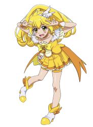 1girl ankle_boots blonde_hair boots choker collarbone commentary cure_peace double_v dress earrings flat_chest full_body hair_ornament hands_up highres jewelry kise_yayoi long_hair looking_at_viewer magical_girl merunu_(uui_gv) open_mouth orange_choker precure puffy_short_sleeves puffy_sleeves short_sleeves shorts shorts_under_dress simple_background smile_precure! solo standing standing_on_one_leg v white_background white_boots wide_ponytail wing_hair_ornament yellow_dress yellow_eyes yellow_shorts