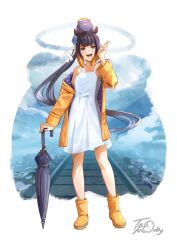 1girl :d artist_name blue_sky blunt_bangs cloud commentary creature_on_head dated_commentary day dress english_commentary full_body gradient_hair hand_up highres holding hololive hololive_english hood hooded_jacket jacket jewelry long_hair long_sleeves looking_at_viewer mole mole_under_eye multicolored_hair ninomae_ina&#039;nis official_alternate_costume official_alternate_hairstyle on_railroad_tracks open_mouth orange_hair outdoors pointy_ears ponytail purple_hair railroad_tracks raincoat sidelocks single_off_shoulder sky smile solo standing takodachi_(ninomae_ina&#039;nis) takomonty tentacle_hair v very_long_hair violet_(ninomae_ina&#039;nis) virtual_youtuber wading water white_dress yellow_jacket