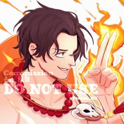 1boy bead_necklace beads black_hair brown_eyes collarbone commission fire freckles grin hat_on_back highres jewelry male_focus necklace one_piece portgas_d._ace pyrokinesis short_hair skull_necklace smile solo topless_male upper_body vamos_mk white_background