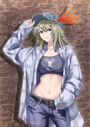 Rule 34 | 1girl, :3, artist request, bad id, bad pixiv id, belt, blue eyes, blue hat, feathers, flannel, granblue fantasy, green hair, hand on belt, hand on headwear, hat, highres, mars (shingeki no bahamut), midriff, red feathers, shingeki no bahamut, standing, tagme