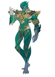 1boy absurdres animal_helmet armband armor bodysuit catball1994 clawed_boots clawed_gauntlets dagger dragon_ranger full_body green_bodysuit green_headwear helmet highres holding holding_dagger holding_knife holding_weapon jason_david_frank knife kyouryuu_sentai_zyuranger male_focus mighty_morphin_green_ranger mighty_morphin_power_rangers power_rangers real_life reverse_grip shoulder_armor simple_background solo standing super_sentai tokusatsu weapon white_background