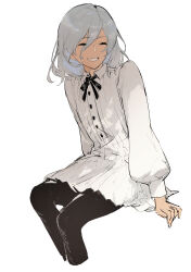 19_0v0 1boy absurdres black_pantyhose buttons grey_hair grin highres male_focus medium_hair metaphor:_refantazio pantyhose shirt simple_background sitting smile solo teeth the_prince_(metaphor:_refantazio) white_background white_shirt