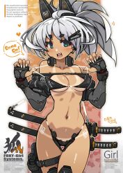 1girl ahoge animal_ears bikini bikini_pull bikini_tan blue_eyes breasts clothes_pull earrings english_text fake_animal_ears fingerless_gloves fox_ears gloves grey_hair gun highres holster jewelry looking_at_viewer medium_breasts medium_hair nancou_(nankou) navel open_mouth original ponytail shrug_(clothing) solo speech_bubble swimsuit sword tan tanline thigh_gap thigh_holster weapon