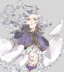 1boy abs closed_mouth crop_top cropped_jacket final_fantasy final_fantasy_ix floating_hair frilled_shirt frills gold_trim grey_background grey_eyes grey_hair highres jacket kuja long_hair looking_up male_focus midriff purple_jacket shirt solo trap upper_body wavy_hair white_shirt wide_sleeves yoshidaaaan