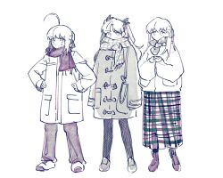 Rule 34 | 3girls, ahoge, artoria pendragon (fate), boots, coat, fate/stay night, fate (series), full body, hands on own hips, jacket, long hair, long skirt, long sleeves, looking to the side, matou sakura, multiple girls, pants, pantyhose, plaid clothes, plaid skirt, scarf, shoes, simple background, skirt, tohsaka rin, twintails, v-shaped eyebrows, w3mew, white background