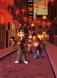 Rule 34 | 2boys, 3girls, ankle boots, baseball cap, black boots, black hair, black pants, black shoes, black sleeve cuffs, blue pants, blunt bangs, blush stickers, bob cut, boots, brown eyes, brown hair, brown pants, brown pupils, building, capri pants, cargo pants, china, city, closed mouth, cloud, cody jones, collared shirt, dark-skinned male, dark skin, denim, double vertical stripe, earrings, eyelashes, eyewear on head, fire escape, from side, gold earrings, green eyes, green pupils, green sleeves, hair ribbon, hair tie, hairband, half updo, hat, high collar, high ponytail, highres, hoop earrings, horizontal-striped sleeves, horizontal-striped thighhighs, hyogonosuke, jeans, jewelry, key, key necklace, ladder, lamppost, lantern, layered sleeves, legs apart, long hair, long sleeves, looking around, luke laveau, maria elena esperanto, multiple boys, multiple girls, necklace, night, night sky, no lineart, official art, open mouth, orange hair, own hands together, pants, paper lantern, parted bangs, pink hairband, pink ribbon, pink sleeves, pocket, ponytail, pouch, profile, purple thighhighs, quinn key, red shirt, red sleeves, red theme, ribbon, rika takeda, shirt, shirt under shirt, shoes, short over long sleeves, short sleeves, shorts, sidelighting, sideways mouth, sky, sneakers, spiked hair, squatting, standing, striped clothes, striped pants, striped thighhighs, sunglasses, the code busters club, thighhighs, thinking, v-shaped eyebrows, vertical-striped clothes, vertical-striped pants, vertical-striped sleeves, white-framed eyewear, white shoes, white sleeves, window, yellow hat, yellow shorts, yellow thighhighs