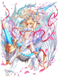 Rule 34 | 1girl, armor, armpits, arms up, baizu (guszx), bare shoulders, breasts, dragon, flower, full body, gauntlets, greaves, highres, holding, holding polearm, holding weapon, lance, large breasts, leotard, lips, long hair, navel, open mouth, petals, pink flower, polearm, riding, riding dragon, rose, rose petals, shironeko project, sierra (shironeko project), simple background, solo, teeth, thighhighs, thighs, tsurime, upper teeth only, v-shaped eyebrows, weapon, white background, white dragon