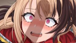 1girl @_@ artist_name blush brown_hair close-up commentary english_commentary gardavwar gigi_murin gigi_murin_(1st_costume) highres hololive hololive_english implied_futanari looking_at_penis looking_at_viewer multicolored_hair open_mouth penis_shadow pink_eyes portrait shadow sharp_teeth short_hair solo_focus sweat teeth two-tone_hair virtual_youtuber watermark