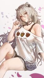 1girl absurdres animal_ear_piercing animal_ears arm_support armpit_crease black_choker black_nails black_shorts blurry blurry_background bra_strap breasts choker claw_pose closed_mouth commentary falling_petals fingernails grey_eyes hair_between_eyes highres hololive jewelry knee_up lion_ears lion_girl lips long_hair looking_at_viewer messy_hair mn374390 official_alternate_costume pendant petals print_shirt shirt shishiro_botan shishiro_botan_(casual) short_shorts short_sleeves shorts single_bare_shoulder single_off_shoulder sitting solo t-shirt thighs virtual_youtuber white_shirt