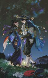 Rule 34 | 1boy, 1girl, adapted costume, andromeda (constellation), armor, arms at sides, belt, big dipper, black belt, black bodysuit, black bow, black bridal gauntlets, black gloves, black hair, black pants, black sandals, black shirt, blue cape, blue gemstone, blue hat, blue kimono, blue sleeves, blunt ends, bodystocking, bodysuit, bootes (constellation), bow, bridal gauntlets, bridal legwear, brown bag, cape, cassiopeia (constellation), castle, clothing cutout, colored tips, commission, constellation, constellation print, couple, cygnus (constellation), detached sleeves, draco (constellation), elbow gloves, facing another, feathers, fingernails, fur collar, gem, genshin impact, gloves, gold, gold ring, gold shoes, gold trim, gradient hair, grass, hair bow, hair over eyes, hakama, hakama pants, han&#039;eri, hand grab, hand on another&#039;s face, hat, height difference, hercules (constellation), hetero, high heels, highres, hip vent, holding, holding paper, japanese armor, japanese clothes, jingasa, kimono, kote, kurokote, layered kimono, layered sleeves, leg warmers, leo (constellation), lluluchwan, long hair, long skirt, loose pants, mandarin collar, middle ring, mona (genshin impact), mountainous horizon, multicolored hair, nebula, night, night sky, open mouth, pants, paper, parted lips, pleated pants, pom pom (clothes), ponytail holder, purple hair, purple rope, purple sash, red cape, red gemstone, red hat, rope, sandals, sash, scaramouche (genshin impact), second-party source, shirt, shoes, shooting star, short sleeves, skirt, sky, sleeves rolled up, smirk, star (sky), star (symbol), star chart, star map, star print, starry sky, stirrup legwear, tassel, toeless legwear, toes, twintails, two-sided cape, two-sided fabric, two-sided headwear, unworn hat, unworn headwear, ursa major (constellation), ursa minor (constellation), vision (genshin impact), wanderer (genshin impact), white kimono, white leg warmers, white sleeves, wide sleeves, witch hat, yellow feathers, zouri