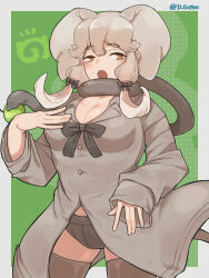 1girl absurdres african_forest_elephant_(kemono_friends) animal_ears black_shorts blush bow breasts brown_thighhighs cleavage coat grey_hair grey_scarf grey_shirt highres japari_symbol kemono_friends large_breasts long_hair long_sleeves looking_at_viewer multicolored_hair open_mouth orange_eyes scarf shirt short_shorts shorts sidelocks solo tail thighhighs tlto1910 twintails