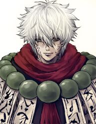Rule 34 | 1boy, bags under eyes, bead necklace, beads, brown eyes, closed mouth, commentary request, gintama, gintama movie 2: yorozuya yo eien nare, gintoki ful, hair between eyes, highres, jewelry, korean commentary, looking at viewer, male focus, messy hair, necklace, official alternate costume, red scarf, sakata gintoki, scarf, short hair, solo, upper body, white background, white hair