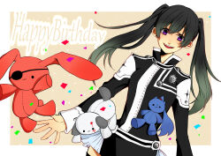 Rule 34 | 1girl, absurdres, allen walker, badge, belt, birthday, black hair, black jacket, black order uniform, black skirt, black thighhighs, border, brown background, collared jacket, confetti, cross, d.gray-man, earrings, emblem, eyepatch, facial mark, gradient hair, green hair, hair between eyes, hair ribbon, happy birthday, high ponytail, highres, jacket, jewelry, kanda yuu, lavi, lenalee lee, long hair, looking at object, looking at viewer, looking down, miniskirt, multicolored hair, one eye covered, open mouth, outside border, ponytail, purple eyes, red ribbon, ribbon, scar, scar across eye, scar on face, sidelocks, skirt, smile, solo, star (symbol), star facial mark, striped clothes, striped jacket, striped skirt, stud earrings, stuffed animal, stuffed cat, stuffed dog, stuffed rabbit, stuffed toy, thighhighs, thighs, twintails, vertical-striped clothes, vertical-striped jacket, vertical-striped skirt, white border, white stripes, woldwolf9, zettai ryouiki