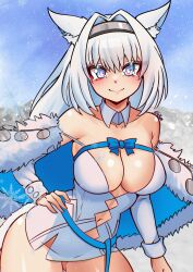 1girl absurdres animal_ear_fluff animal_ears argyle_cutout bare_shoulders blue_bow blue_eyes blue_ribbon blue_sky blue_thighhighs blush bow breasts cat_ears cat_girl cat_tail cleavage clothing_cutout detached_collar detached_sleeves dobrynya_nikitich_(fate) dobrynya_nikitich_(second_ascension)_(fate) dress fate/grand_order fate_(series) fukou fur_trim hair_bow hairband highres large_breasts long_hair looking_at_viewer low_ponytail navel ponytail ribbon short_dress sky smile snowflakes solo tail thighhighs thighs white_dress white_hair