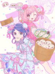 2girls ;d arm_up back-to-back baegopungom bamboo_steamer steamed_bun blue_dress blue_eyes blue_hair bun_cover chinese_clothes commentary_request double_bun dress dumpling flower food frilled_dress frills hair_bun hair_ribbon highres holding holding_plate jiaozi korean_commentary lolita_fashion looking_at_viewer mouth_hold multiple_girls one_eye_closed open_mouth outstretched_arm pink_dress pink_flower pink_hair pink_ribbon plate pretty_rhythm pretty_rhythm_rainbow_live pretty_series qi_lolita ribbon rinne_(pretty_rhythm) short_hair short_sleeves smile standing tassel yellow_eyes