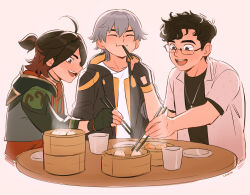 3boys absurdres ahoge steamed_bun black-framed_eyewear black_gloves black_hair black_jacket black_shirt blush bowl brown_eyes brown_hair caelus_(honkai:_star_rail) chalseu choker chopsticks closed_eyes closed_mouth collared_shirt commentary company_connection crossover cup eating english_commentary fang fingerless_gloves food gaming_(genshin_impact) genshin_impact glasses gloves gold_choker grey_hair grey_hoodie hair_between_eyes hand_up highres holding holding_chopsticks honkai:_star_rail honkai_(series) hood hooded_jacket hoodie jacket jewelry long_sleeves looking_at_food male_focus mihoyo multicolored_hair multiple_boys necklace open_clothes open_jacket open_mouth open_shirt orange_jacket original plate ponytail red_shirt semi-rimless_eyewear shirt short_hair short_ponytail short_sleeves simple_background sitting smile standing steam t-shirt table teeth tongue trailblazer_(honkai:_star_rail) two-sided_fabric two-sided_jacket two-tone_hair white_background white_shirt