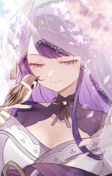 1girl bird bird_on_hand breasts cleavage commentary_request dappled_sunlight draw_happy_set falling_petals finch flower genshin_impact hair_flower hair_ornament half-closed_eyes hand_up highres japanese_clothes kimono large_breasts light_rays light_smile long_hair looking_at_animal mole mole_under_eye neck_ribbon partial_commentary petals pink_petals purple_eyes purple_flower purple_hair purple_kimono purple_nails raiden_shogun ribbon solo sunlight upper_body veil
