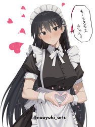 Rule 34 | 1girl, absurdres, alternate costume, apron, azumanga daiou, black dress, black eyes, black hair, buttons, dress, enmaided, hair between eyes, head tilt, heart, heart hands, highres, light blush, long hair, looking at viewer, maid, maid apron, maid headdress, naoyuki arts, parted lips, sakaki (azumanga daioh), solo, taut clothes, taut dress, translation request, upper body, very long hair, white apron, wrist cuffs