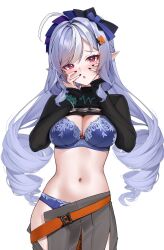 Rule 34 | 1girl, ahoge, belle (zenless zone zero), belle (zenless zone zero) (cosplay), belt, black nails, black shirt, blue panties, blush, bra, breasts, cleavage, clothes lift, commentary, cosplay, cowboy shot, fingernails, hands on own face, highres, large breasts, long hair, long sleeves, looking at viewer, matrix16, nail polish, navel, open mouth, paid reward available, panties, pointy ears, purple bra, purple hair, red eyes, shirt, shirt lift, simple background, solo, star (symbol), stomach, underwear, very long hair, vivian banshee, white background, zenless zone zero