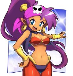 1girl bare_shoulders blue_eyes bra breasts cleavage dark-skinned_female dark_skin earrings headband hoop_earrings jacket jewelry long_hair pants pointy_ears ponytail purple_hair sakurajyousui_nami shantae shantae_(series) skull_print sleeveless underwear very_long_hair