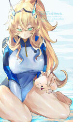1girl abs absurdres barghest_(fate) barghest_(over_the_same_sky)_(fate) blonde_hair blue_wetsuit blush breasts commentary_request dog fate/grand_order fate_(series) genpachi_(fate) green_eyes highleg highres horns large_breasts long_hair long_sleeves looking_at_viewer multicolored_wetsuit muscular muscular_female ponytail skeymd smile white_wetsuit