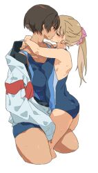 2girls competition_swimsuit height_difference highres kei_(m_k) kiss m_k multiple_girls one-piece_swimsuit original ponytail rika_(m_k) short_hair swimsuit tall_female tomboy yuri