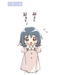 1girl :o blue_hair blush_stickers brown_eyes child collared_dress commentary_request cropped_legs dress flying_sweatdrops furutani_kaede hands_up highres long_sleeves looking_at_viewer namori open_mouth short_hair simple_background solo thick_eyebrows translation_request white_background white_dress yuru_yuri