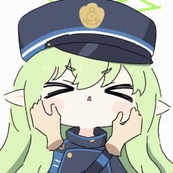 &gt;_&lt; 1girl :o animated animated_gif armband blue_archive blue_armband blush_stickers chibi closed_eyes disembodied_hand fang green_hair green_halo halo hands_on_another&#039;s_cheeks hands_on_another&#039;s_face hat hikari_(blue_archive) jacket long_hair no_nose pointy_ears sidelocks skin_fang umihio v-shaped_eyebrows