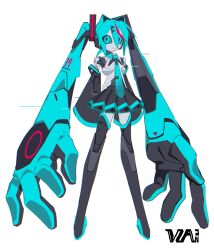 Rule 34 | 1girl, aqua eyes, aqua hair, aqua necktie, azu (yu de ta ya tu), black sleeves, colored skin, detached sleeves, hatsune miku, highres, humanoid robot, joints, long hair, mechanical arms, mechanical hair, necktie, number tattoo, robot, robot girl, robot joints, skirt, solo, tattoo, twintails, very long hair, vocaloid, white skin
