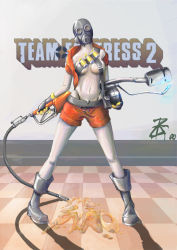 Rule 34 | 1girl, bandolier, belt, blouse, boots, breasts, checkered floor, explosive, female focus, flamethrower, gas mask, gender request, genderswap, gloves, grenade, holding flamethrower, holding weapon, khornez, mask, medium breasts, open clothes, open shirt, pyro (tf2), red pyro (tf2), red shirt, shirt, solo, team fortress 2, underboob, valve, weapon