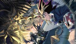 4boys black_hair blonde_hair clenched_hand dark-skinned_male dark_skin duel_disk duel_monster highres jacket male_focus marik_ishtar millennium_puzzle multicolored_hair multiple_boys muto_yugi open_clothes open_jacket purple_eyes purple_hair red_eyes sharp_teeth shi_(shooo_ttt) spiked_hair teeth the_winged_dragon_of_ra yami_marik yami_yugi yu-gi-oh! yu-gi-oh!_duel_monsters