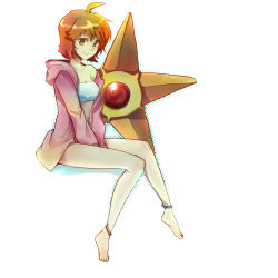 1990s_(style) 1girl ahoge anklet bad_id bad_pixiv_id bandeau barefoot between_thighs bikini feet gen_1_pokemon green_eyes gym_leader hood hooded_jacket jacket jewelry legs misty_(pokemon) nintendo nr_(cerumia) nr_(cmnrr) nr_(pixiv) off_shoulder orange_hair pokemon pokemon_(creature) pokemon_gsc retro_artstyle short_hair smile staryu strapless swimsuit thighs tube_top v_arms