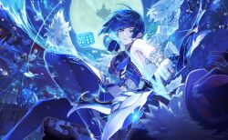 1girl 6+boys aqua_eyes aqua_simulacra_(genshin_impact) architecture armpit_peek armpits asymmetrical_gloves bead_choker black_hair bob_cut bodysuit bow_(weapon) breasts diagonal_bangs dice earrings east_asian_architecture elbow_gloves fatui_agent_(genshin_impact) feather-trimmed_jacket full_moon fur-trimmed_jacket fur_trim genshin_impact gloves high_heels highres holding holding_bow_(weapon) holding_weapon jacket jade_chamber_(genshin_impact) jewelry medium_breasts mismatched_gloves moon multiple_boys muri_(pan&#039;ichi_murimuri_geinin) night short_hair single_elbow_glove string treasure_hoarder_(genshin_impact) waist_cutout weapon white_jacket yelan_(genshin_impact)