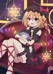 2girls absurdres alternate_costume ascot bare_shoulders black_dress blonde_hair blurry blush bokeh bow chibi couch crystal crystal_wings depth_of_field detached_sleeves dress dress_bow fang feet_out_of_frame flandre_day flandre_scarlet frills glowing hair_ribbon hat hat_bow heart heart-shaped_pupils highres hug mob_cap multicolored_wings multiple_girls on_couch one_side_up open_mouth polyhedron purple_hair red_eyes red_ribbon remilia_scarlet ribbon side_ponytail sitting sky star_(sky) starry_sky stellated_octahedron subaru_(subachoco) symbol-shaped_pupils thigh_strap touhou window wings wrist_cuffs yellow_ascot