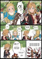 !? 1boy 1girl aiming alternate_universe arrow_(projectile) blonde_hair blue_eyes blue_shirt bow_(weapon) braid breasts brown_gloves campfire choker crown_braid drawing_arrow english_text fingerless_gloves forest gloves green_eyes hand_to_own_mouth hazeleafyy holding holding_arrow holding_bow_(weapon) holding_weapon hunting juliet_sleeves leaf leaf_on_head link long_sleeves low_ponytail medium_breasts nature nintendo parted_bangs pointy_ears ponytail princess_zelda puffy_sleeves roasting shirt sidelocks sitting the_legend_of_zelda the_legend_of_zelda:_breath_of_the_wild weapon