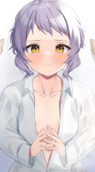 Rule 34 | 1boy, 1girl, binsen, blush, breasts, closed mouth, collarbone, collared shirt, dress shirt, highres, idolmaster, idolmaster million live!, kabedon, long sleeves, looking at viewer, makabe mizuki, navel, no bra, open clothes, open shirt, own hands together, pov, pov hands, purple hair, shirt, small breasts, solo focus, sweat, upper body, white shirt, yellow eyes