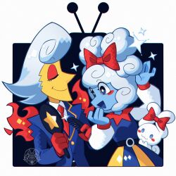 1boy 1girl blue_skin cinnamiku_hairstyle cinnamoroll closed_mouth cloud_hair colored_skin crossover deltarune elnina_(deltarune) fuwa_fuwa_cinnamoroll gloves highres holding jacket lanino_(deltarune) necktie red_necktie reignbeaux13 sanrio shirt smile sparkle white_hair yellow_skin