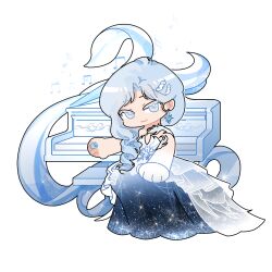1girl bare_arms blue_dress blue_eyes blue_hair character_request chibi chinese_commentary closed_mouth colored_eyelashes commentary_request dress drill_hair earrings eeeestella gloves gown grand_piano hair_ornament hair_over_shoulder hairclip happy highres instrument jewelry layered_dress looking_at_viewer musical_note nikki_(series) on_stool outline parted_bangs piano ring see-through_clothes see-through_dress shining_nikki simple_background single_bare_shoulder single_glove sitting smile solo sparkle star_(symbol) star_earrings starry_sky_print strapless strapless_dress tsurime white_background white_dress white_gloves white_outline