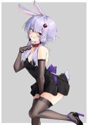 1girl absurdres animal_collar animal_ears between_legs black_dress bracelet collar collar_tug dress elbow_gloves foot_out_of_frame gloves hand_between_legs high_heels highres jewelry purple_eyes rabbit_ears rabbit_tail short_hair_with_long_locks solo standing standing_on_one_leg tail tail_under_clothes thighhighs voiceroid yuzuki_yukari zooanime