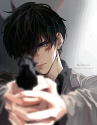 Rule 34 | black hair, black shirt, blood, blood on face, blurry, blurry foreground, coat, collared shirt, commentary, depth of field, english commentary, grey eyes, gun, handgun, highres, holding, holding gun, holding weapon, kim dokja, looking at viewer, male focus, messy hair, omniscient reader&#039;s viewpoint, pointing, pointing at viewer, rorynans, serious, shirt, short hair, sidelighting, upper body, weapon, white coat