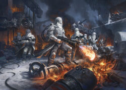 6+boys armor astromech_droid dan_watson destruction flamethrower gun holding holding_flamethrower holding_gun holding_weapon multiple_boys outdoors smoke snow snowtrooper star_wars star_wars_legion weapon white_armor