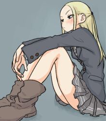 1girl agagaga_(nagayama) blazer blonde_hair boots bored breasts brown_boots forehead from_side grey_skirt jacket jitome long_hair medium_breasts non-web_source school_uniform scrunchie shirt simple_background sitting skirt solo tagme thighs upskirt white_shirt