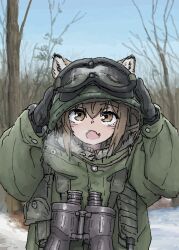 1girl absurdres animal_ears bare_tree binoculars brown_eyes brown_hair fox_ears fox_girl fox_girl_(yihan_world) gloves goggles goggles_on_head green_jacket hair_between_eyes highres hood hood_up jacket open_mouth original snow solo tree winter yihan_world