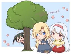 3girls artist_name blonde_hair blue_dress blue_eyes dress grey_jacket hairband highres hornet_(jal)_(kancolle) hornet_(kancolle) jacket jacket_on_shoulders kantai_collection long_hair multiple_girls official_alternate_costume orikoshi_shino red_eyes red_hairband red_skirt shoukaku_(jal)_(kancolle) shoukaku_(kancolle) skirt sweater tree white_hair yellow_sweater zuikaku_(jal)_(kancolle) zuikaku_(kancolle)